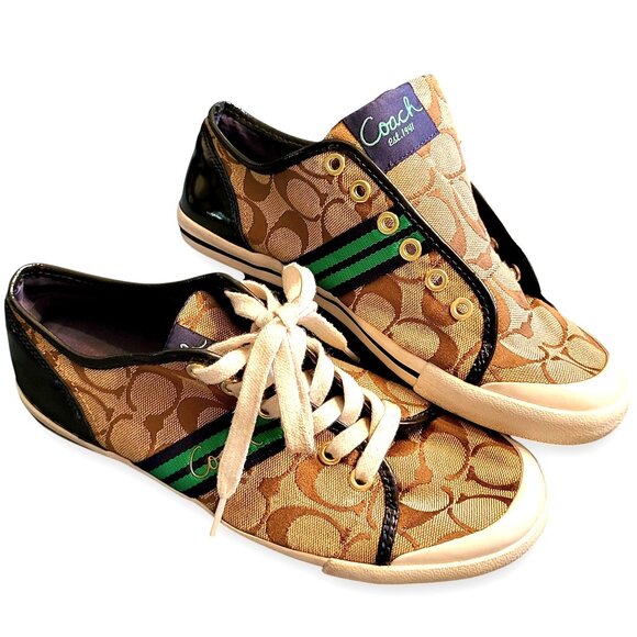 Coach Folly Signature C Sneakers Brown/Green Stripe & Blue Purple Heel Womenโs 8 - Picture 3 of 16